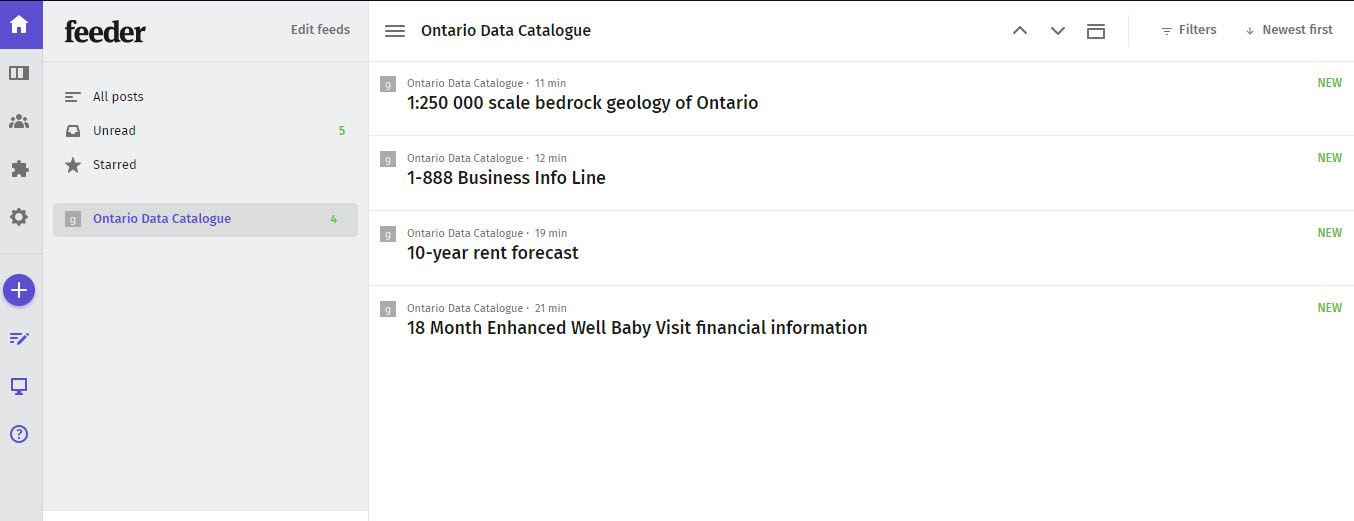 A screenshot of an RSS reader displaying recently updated datasets from the data catalogue. The latest four datasets are listed.